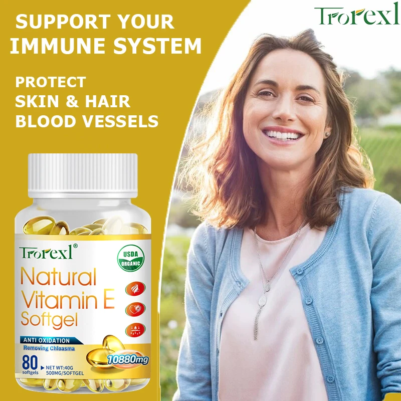 Trorexl Vitamin E 136Mg (10880 Mg) Capsules Supports Immune System & Skin Nutrition - Natural Antioxidant - Improve Skin Quality