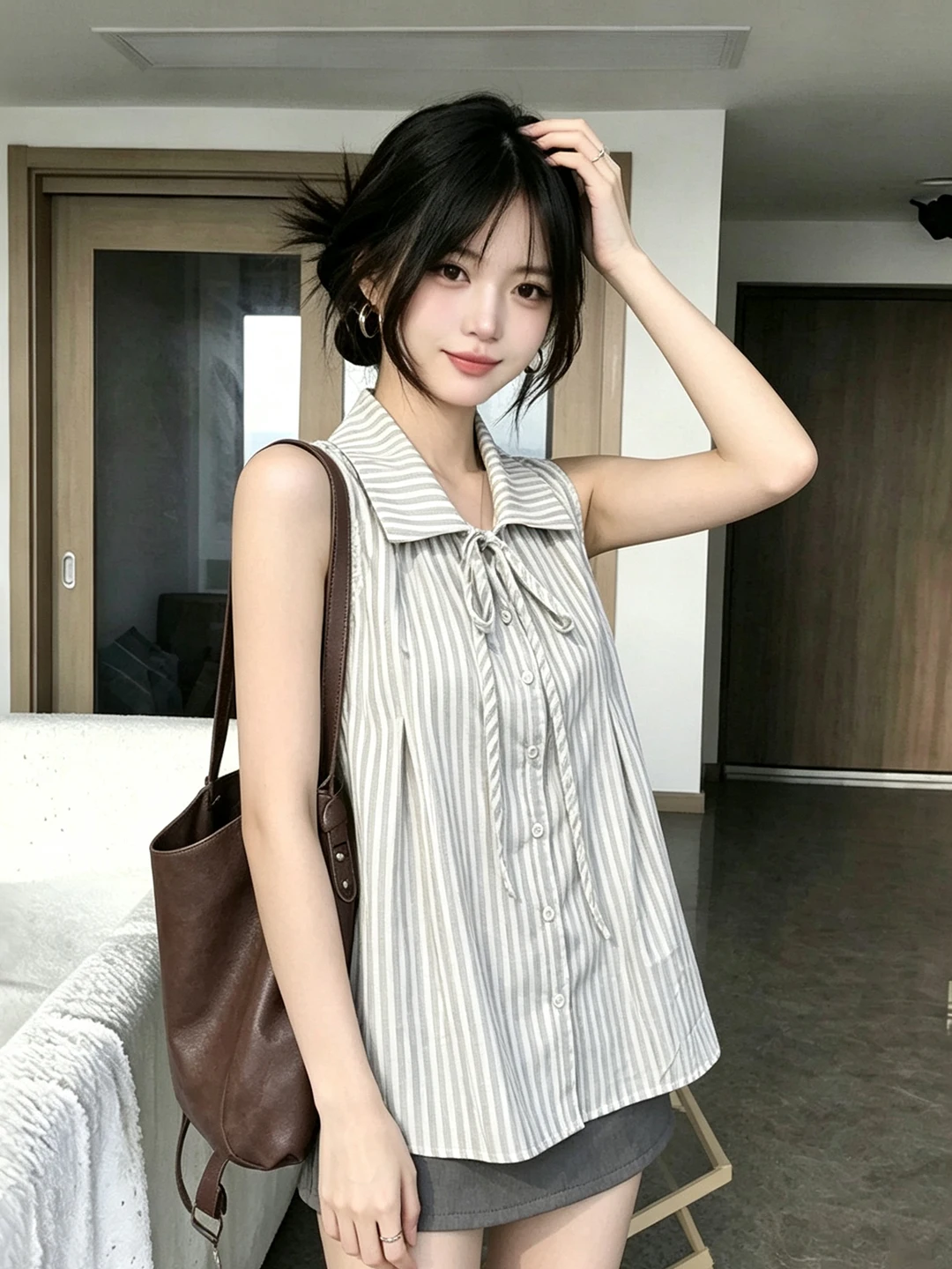 Korean Style Chic Design Turn-down Collar Tie-dye Stripe Sleeveless Shirt Women Summer New Beautiful Flax Top Commute Wind
