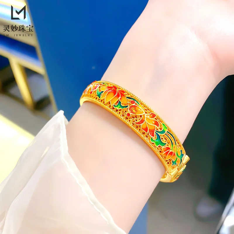 

9999 24K real gold luxury jewelry clasp sand gold bracelet for women's beauty Ruyu opening cloisonné for mother bracelet