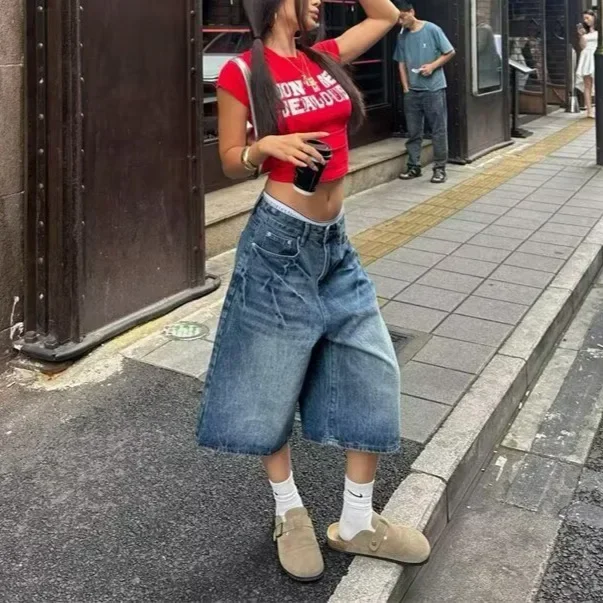 

Потертые синие джинсы Seven-Five, свободные мужские брюки в американском стиле, весна-лето, новые утягивающие брюки средней длины, универсальные шорты для всех