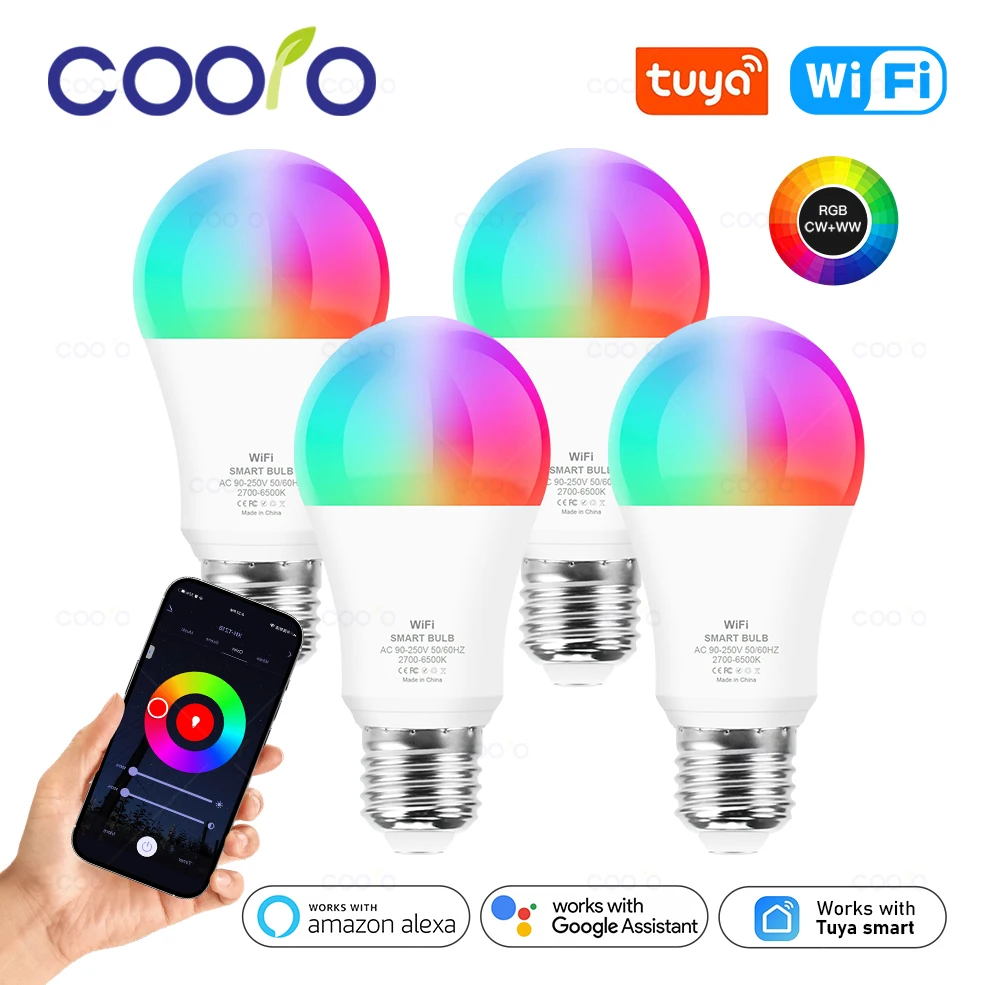 Bombilla LED inteligente con WiFi, lámpara regulable con Control por aplicación Smart Life, funciona con Alexa, Amazon, asistente de Google, Tuya, E27, 15W