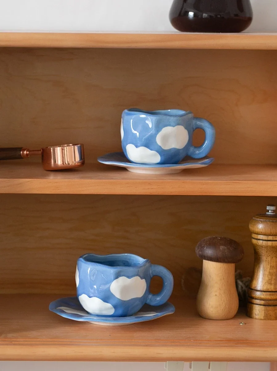 300ML Blue Sky and White Clouds Coffee Cup Tableware Set Hand-painted Ceramic Mug Milk Breakfast Cup Cute Coffee Tableware