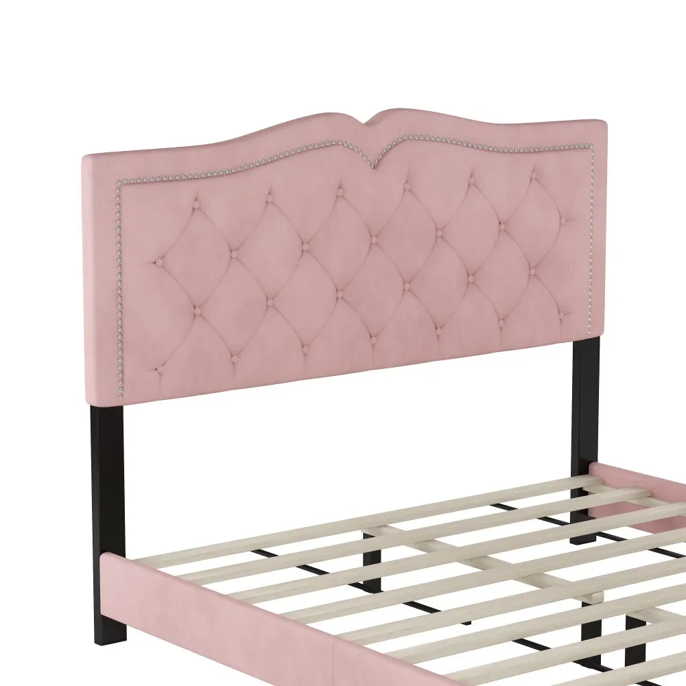 Cama con plataforma tapizada, marco de cama con plataforma de madera de terciopelo con diseño de remaches y cabecera capitoné, no necesita somier, camas rosas