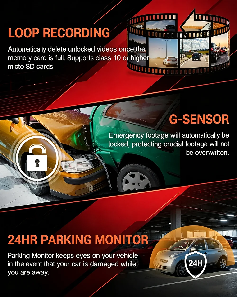 Auto-Fahrkamera HD 1080P 3/4-Kanal Dashcam Black Box mit eingebautem G-Sensor, Nachtsicht, Schleifenaufnahme, 24-Stunden-Parkmodus – Detail 17