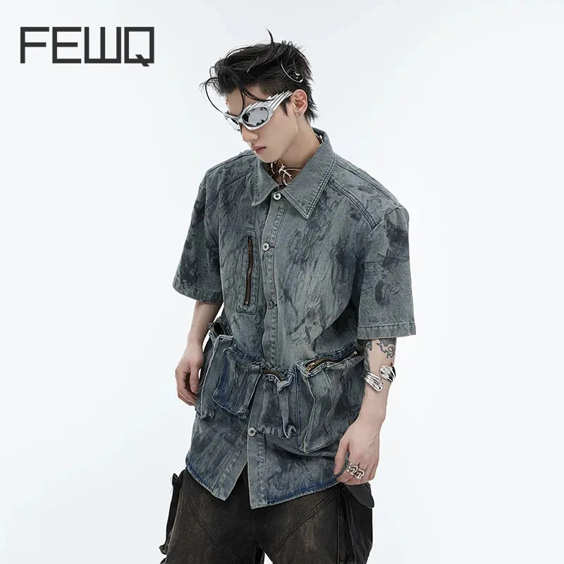 FEWQ Short Sleeved Denim Jacket Brushed Design Shirt Top Summer Turn-down Collar Vintage Pocket Male Tops Fashion 24E1010