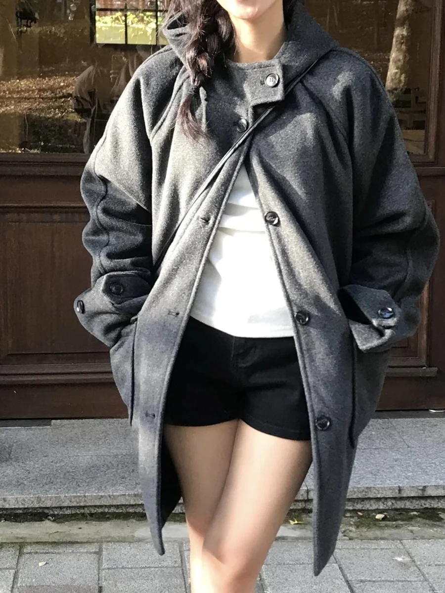 

Korean Retro College Sle Hooded Cotton Blend Women's Coat Winter New Arrival Medium Length Woolen Outerwear