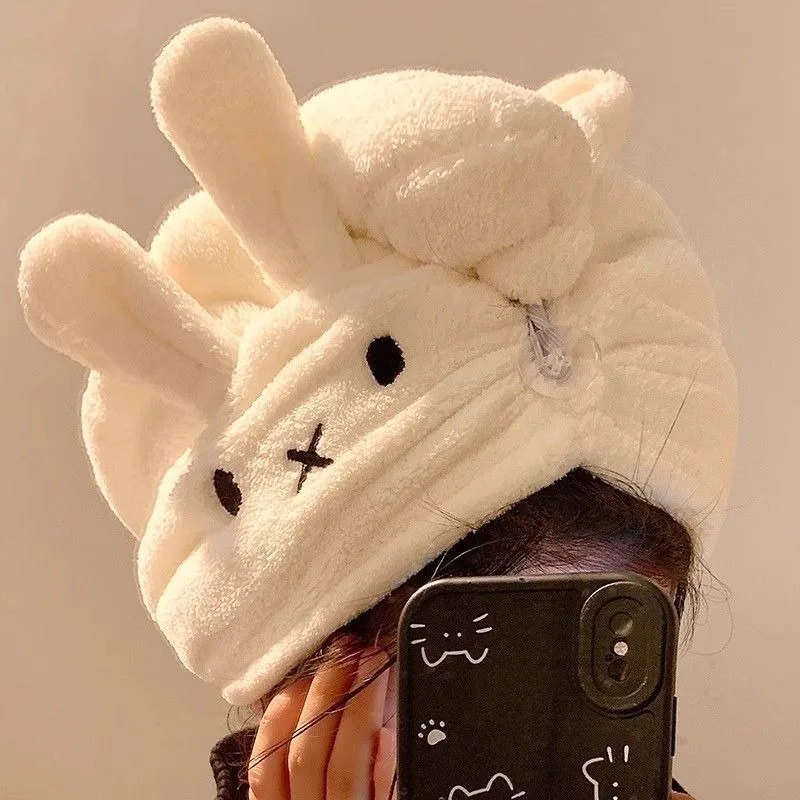 

New Kawaii Miffy Rabbit Cartoon Dry Hair Cap Coral Fleece Portable Strong Water Absorption Quick Drying Girl Gift