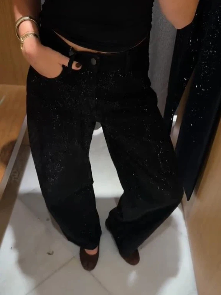 

Vintage Sequins Denim Long Pant Women New Design Loose Shiny Low Waist Straight Pants Female 2026 Spring Classic Street Trousers