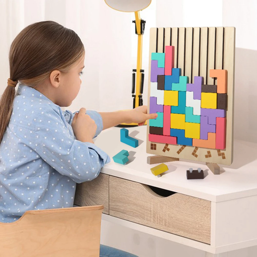 Colorful 3D Russian Building Blocks Game Stress Relief Wood Stacking Puzzle Toy 3D Wooden Montessori Toys for Toddlers