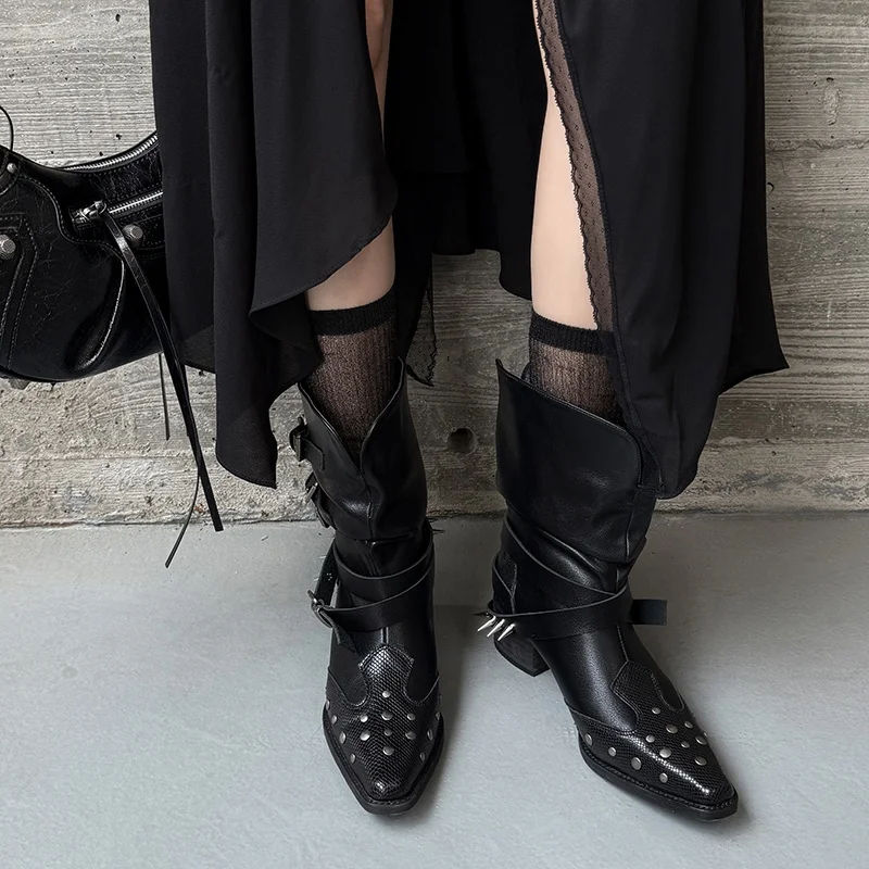 

2025 New Split Leather Boots Rivet Buckle Zip Autumn Winter Women's Motorcycle Boots Square High Heels Shoes Black Ankle Boots