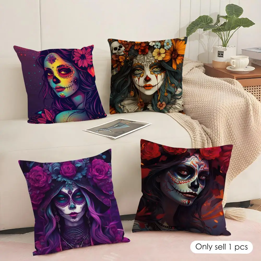 Sugar Skull Girl Cushion Cover Soft Short Plush Pillow Cover Smooth Cozy Texture Aesthetic Cushion Case Home Decor
