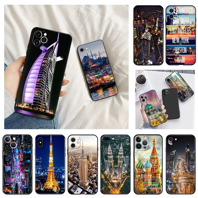 Phone Case for Apple iphone 16 Pro 15 12 11 13 Mini 14 Plus SE XR X XS Max Night Turkey Dubai City Soft Black Anti-Drop Cover