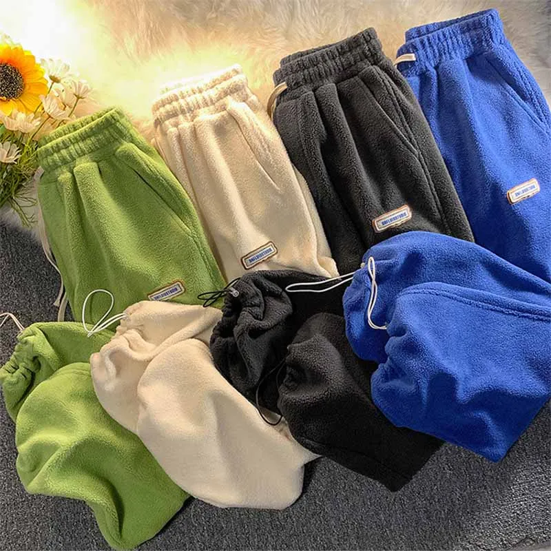 2024 Women Winter Fleece Thick Lamb Wool Trousers Outer Wear Thermal High Waist Sweatpants Warm Loose Soft Velvet Female Pants