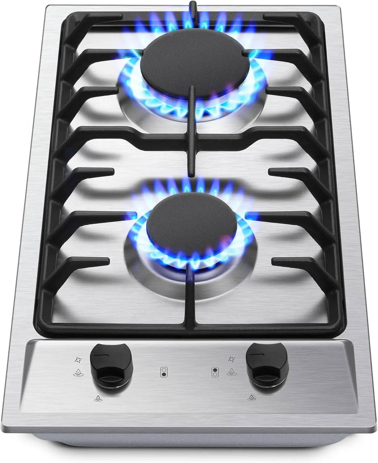2-Brenner Gaskochfeld mit Thermoelement-Schutz - Erdgas/Flüssiggas Umschaltbar 12' Edelstahl Einbau-Gasherd für Wohnmobil, Küche