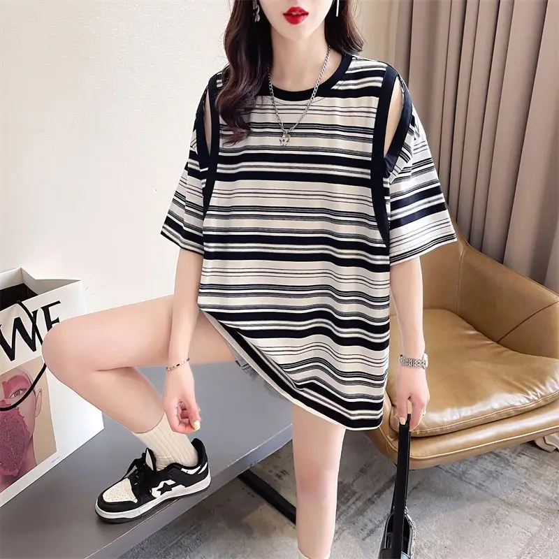 Women\'s Clothing Summer New Korean Commute Loose Midi Striped Crew Neck Spliced Hollow Out All-match Short Sleeve T-shirts Tops