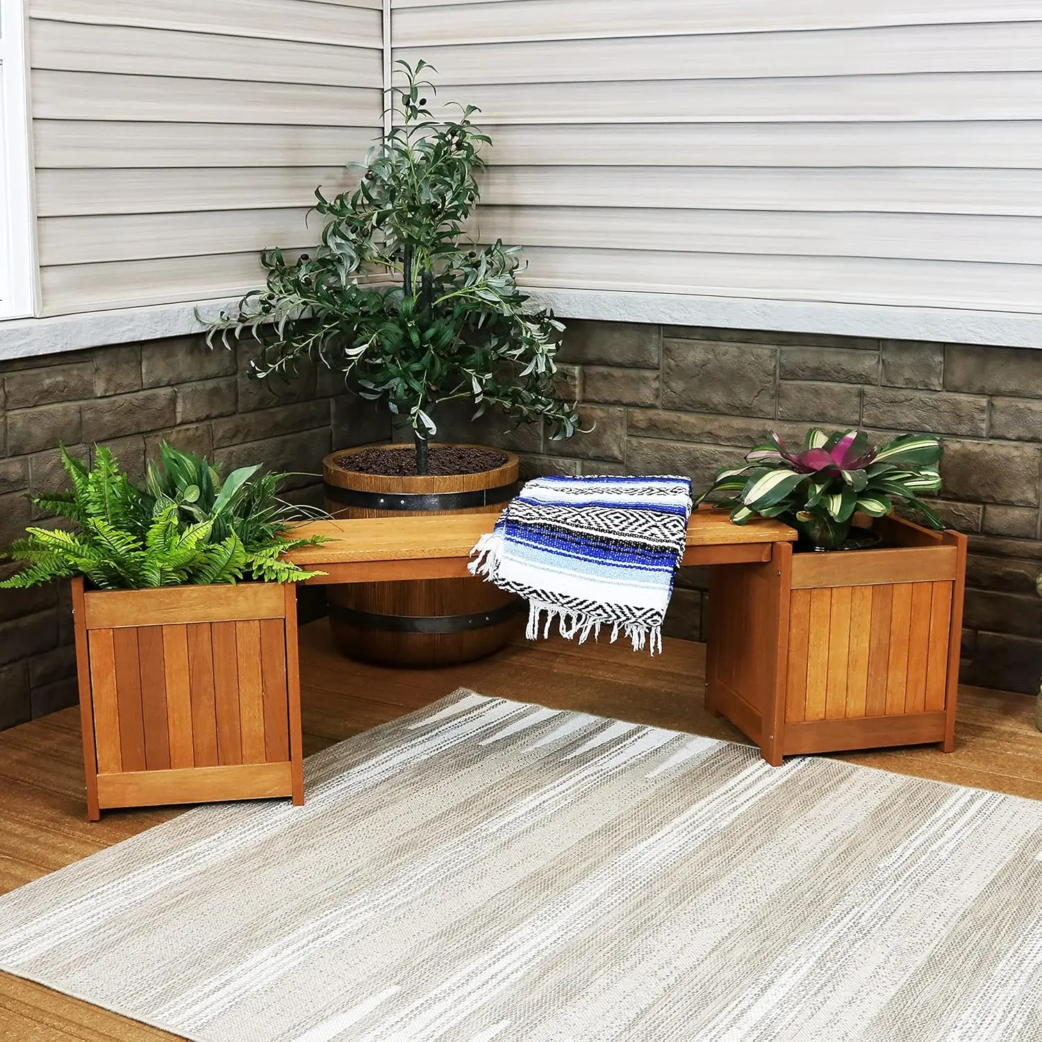 68-Inch Meranti Wood Outdoor Planter Box Bench with Teak Oil Finish