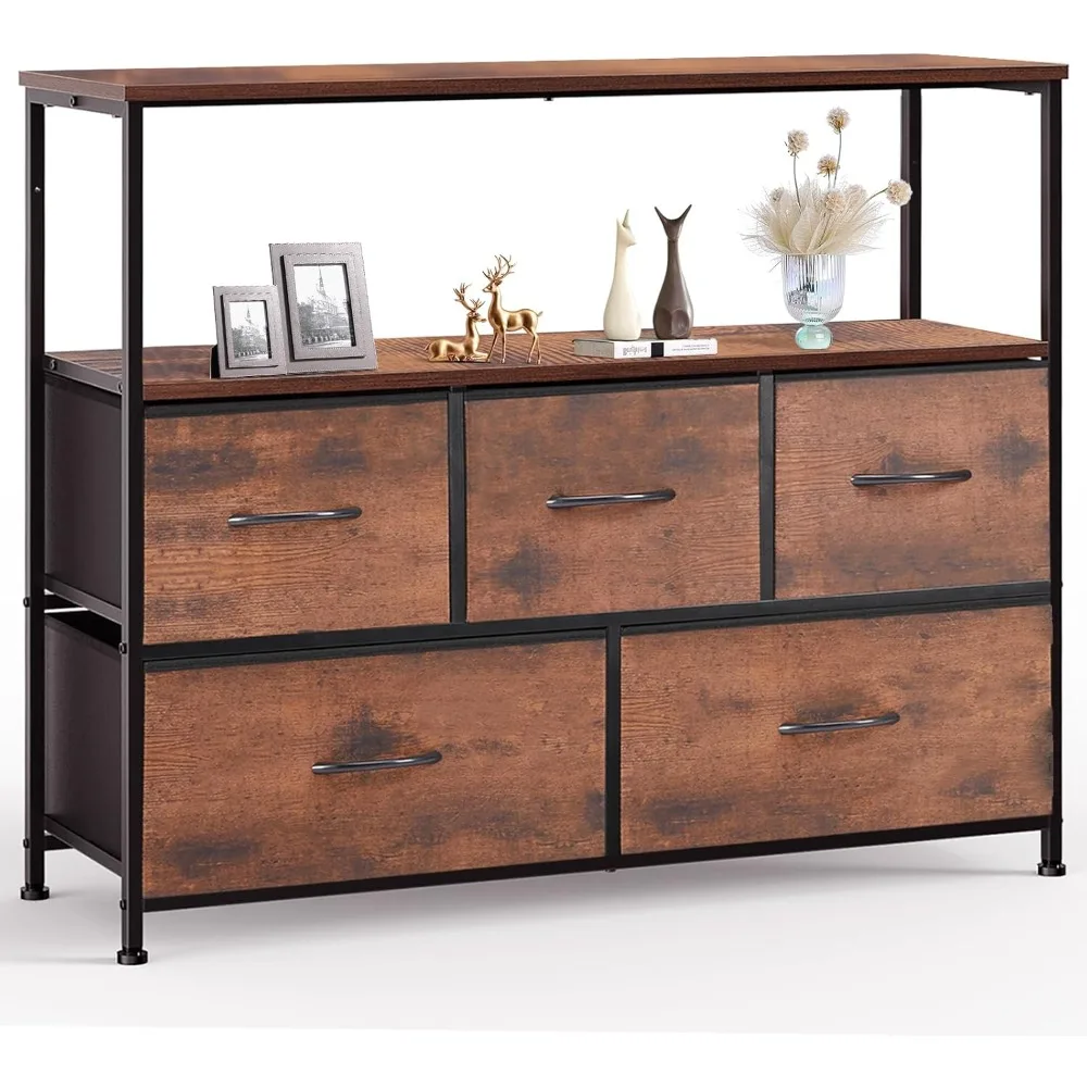 Kommode, TV-Schrankständer für Schlafzimmer mit 5 Stoffschubladen, Sideboard-Wohnzimmer,
