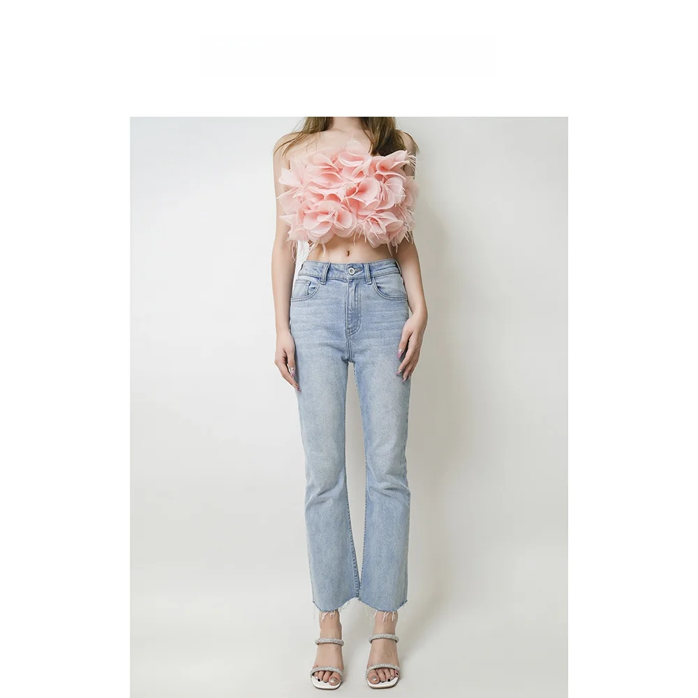 

High Waist Flared Tassel Denim Jeans Spring Summer Sle Casual Waed Cotton Stretch Wide Leg Pants Adult Stand Fit