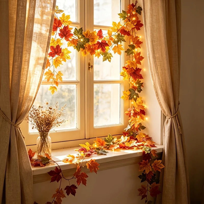 1 m lange Herbst-Ahornblattgirlande mit Lichtern, künstliche Herbstblätter-Ranke, hängende Girlande für Thanksgiving, Halloween und Weihnachtsdekoration – Detail 5