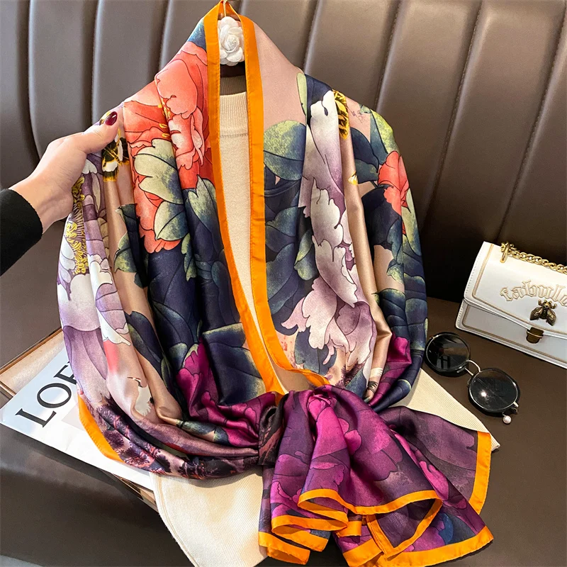 Fashion 180x90cm Satin Silk Scarf Women Luxury Large Shawl Wrap Muslim Hijab Headband Beach Stoles Female Bandana Foulard Turban