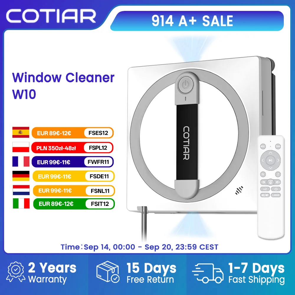 COTIAR Winbot W10 9000Pa Roboter-Fensterstaubsauger mit 5 Reinigungsrouten, Elektrisch, Smart Home App & Fernbedienung