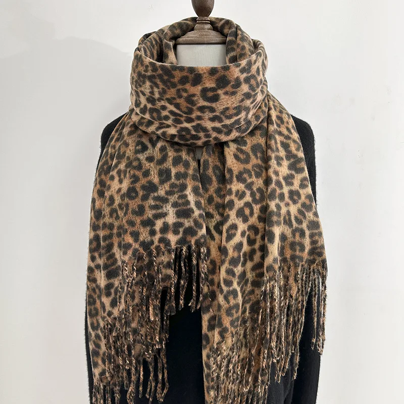 2025 Leopard Print Faux Cashmere Scarf - Winter Vintage Warm Fringe Shawl, American Style Hijab & Hair Wrap Accessory for Women