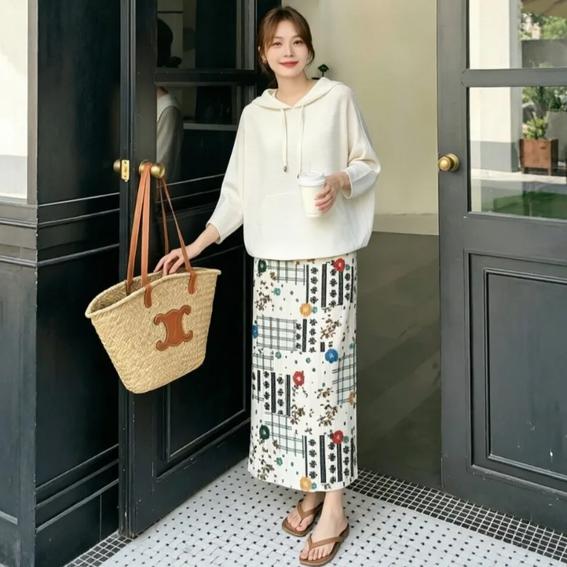 Pleated Skirt Summer New Casual Hooded Sweatshirt Elastic Waist Stretch Straight Draped Printed Skirt Women's Clothing