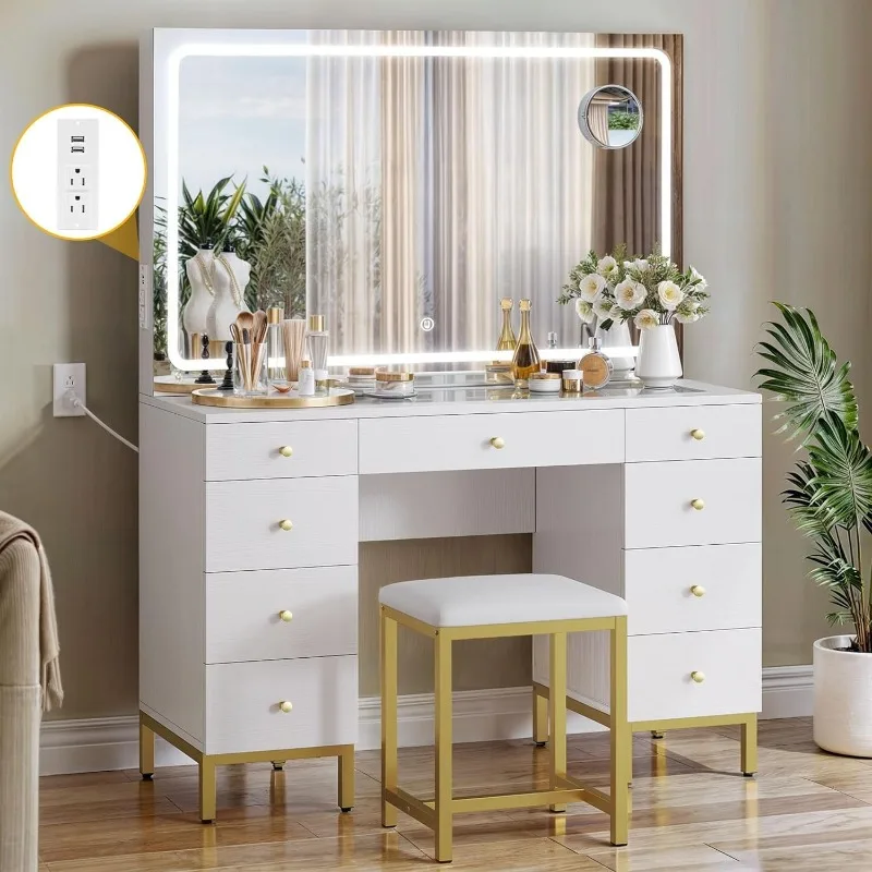 Large Makeup Vanity Desk Set with LED Mirror & Charger Station, Glass Top Vanity with 9 Drawers and Adjustable 3 Color Lighting