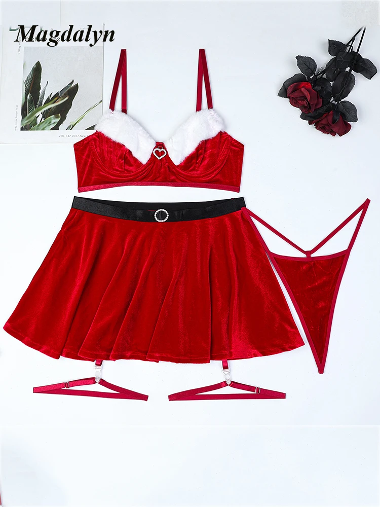 

Magdalyn Women Lingeries Sexy Hot Push Up Bra Suit Fasion 4 Piece Party Outfits Short Skirt Thong Bra Red Cosplay Underwear Set