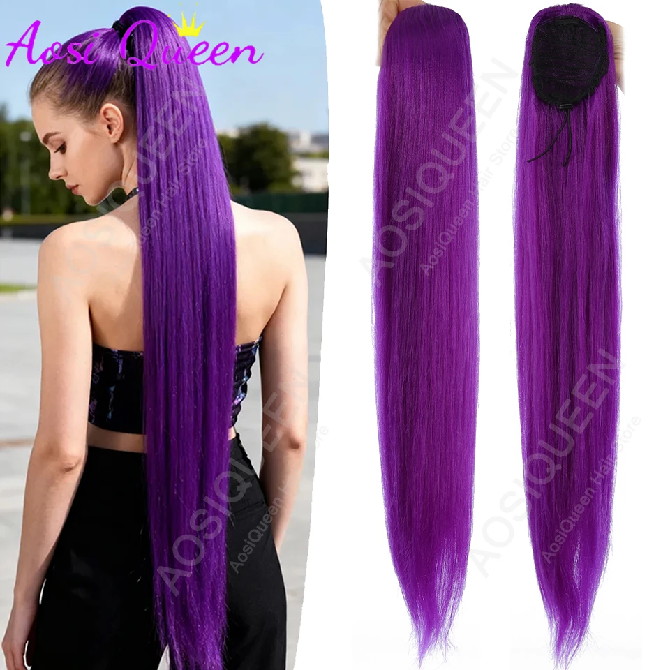 

32-дюймовая синтетическая прядь для волос с фиолетовой косой на завязках/заколке-крабе, накладной хвост, подходит для повседневного образа женщин