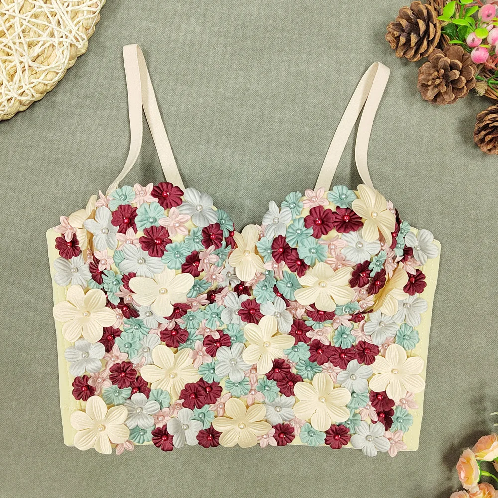 Salt Sweet Flower Tube Top Short  three-dimensional Flower Backless Fishbone Sling Corset Beaded Body Shaping Bra New Vest Tops