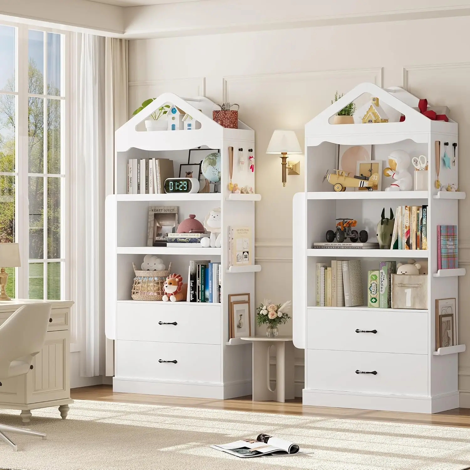 Tall Kids Bookcase, Kids Bookshelf with 2 Drawers, 4 Tier Large Book Shelves, Wood Display Standing Cabinet with Toy