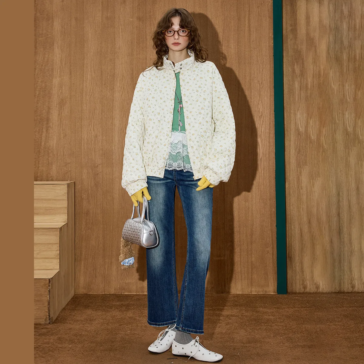 Winter-Damen-Parka mit Blumendruck, herzförmiger Stehkragen, lockere Passform, blühende Jacke, weiche Plüschfüllung, romantisches Lolita