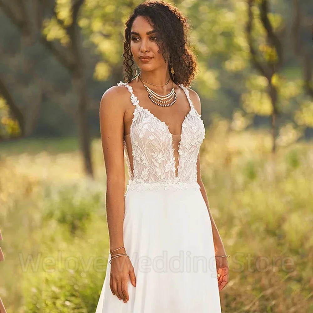 Charming Spaghetti Straps with Applique Wedding Dress V-Neck Sleeveless A-Line Chiffon Floor Length Sexy Open Back Bridal Gowns