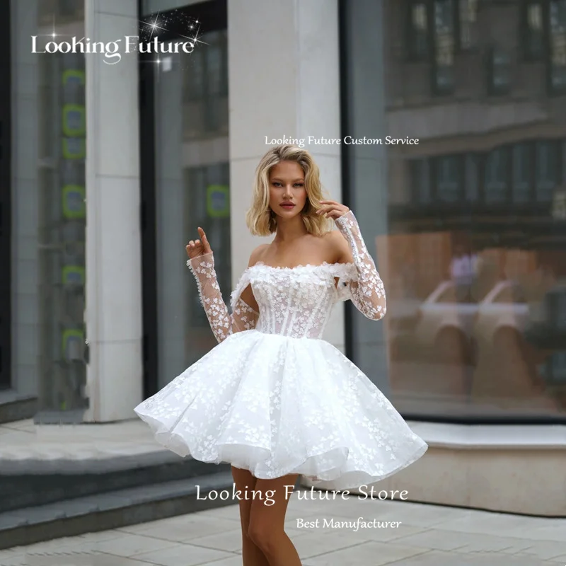 Modern Mini Tulle Wedding Dress Lace Appliques Detachable Long Sleeves Sexy Backless Ball Gowns Off The Shoulder 2025 Customized