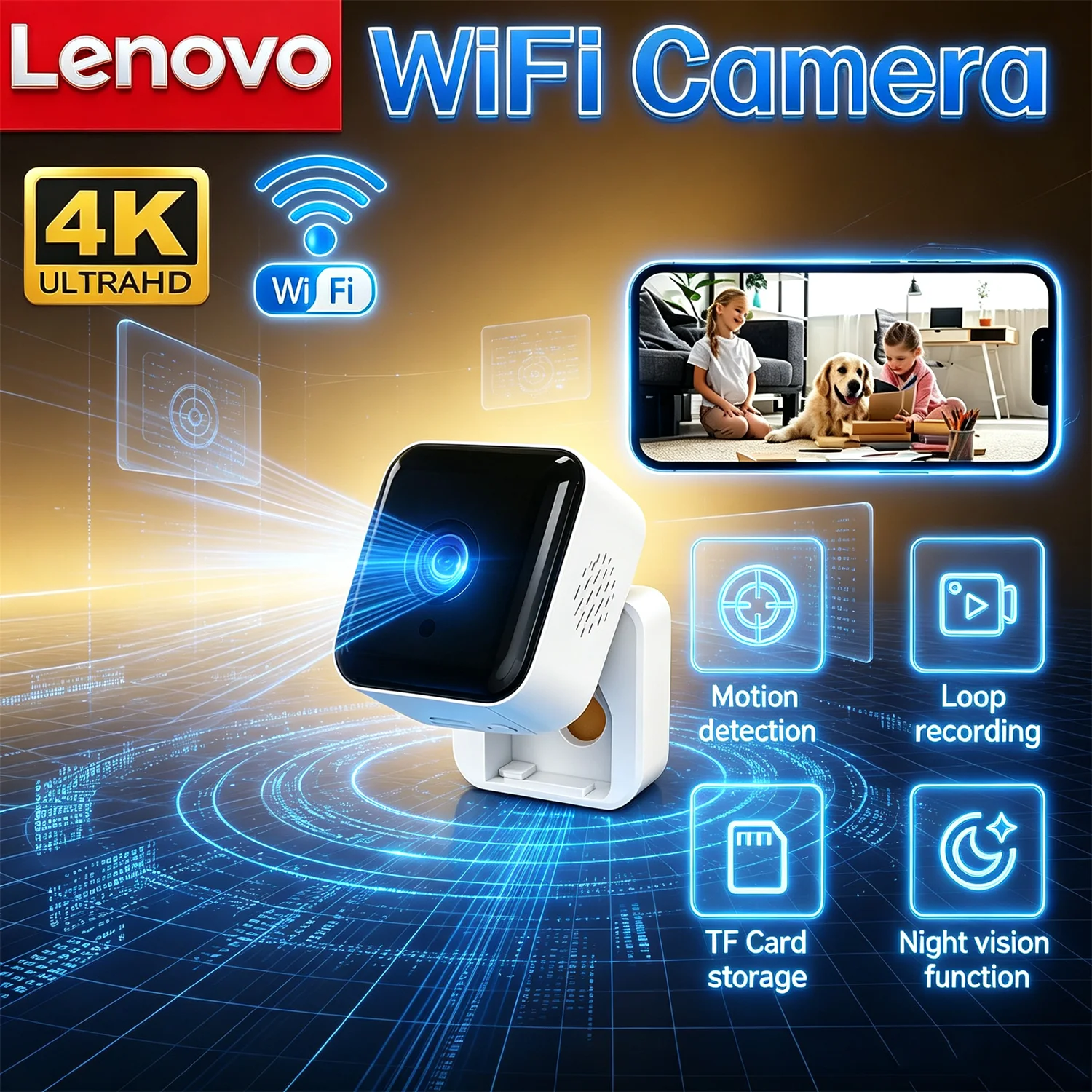 Lenovo Wireless WiFi IP Camera 4K HD 8MP Smart Night Vision Indoor Outdoor Security Cam With Motion Detection Smart Remote View
