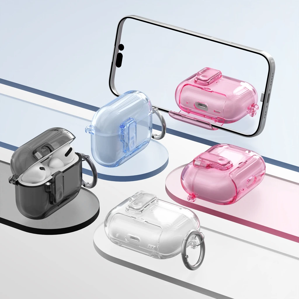 Design Creative Transparent Magnetic Ejection Lock Buckle With Holder Hook Earphone Case Cover for AirPods 4 5 2 3