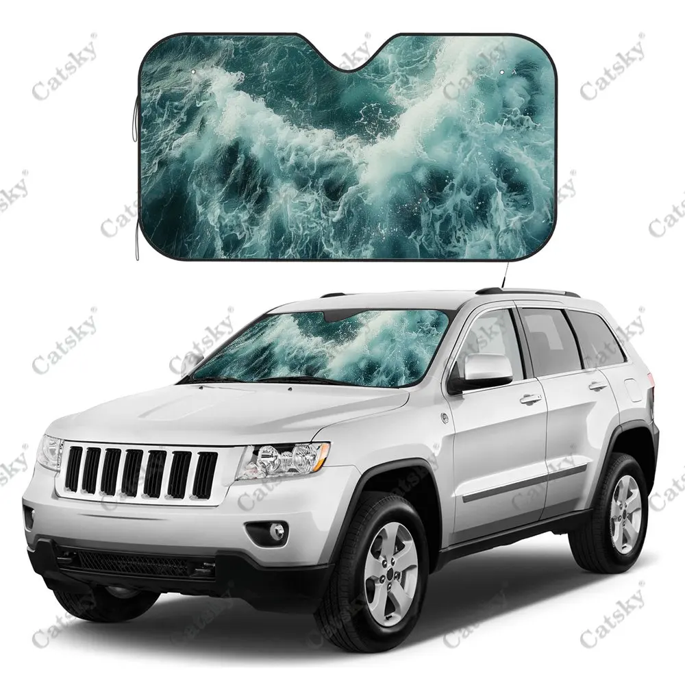 Terrifying Ocean Waves Car Windshield Sunshade, Auto Accessories Front Windshield Sun Visor Blocks Uv Rays Protect Decoration