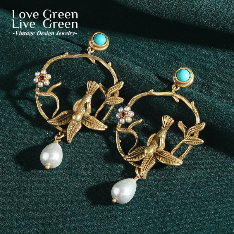 

Vintage Turquoise Hollow Bird Drop Dangle Earrings Gold Color Pearl Luxury Quality Jewelry Designer Thanksgiving Trends 2025