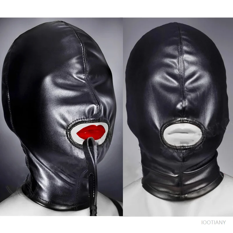 

Black Full-cover Head Cover Soft Pu Adjustable Lace Exposed Mouth Mask Leather Full-cover Couple Sexy Game Role-playing Props