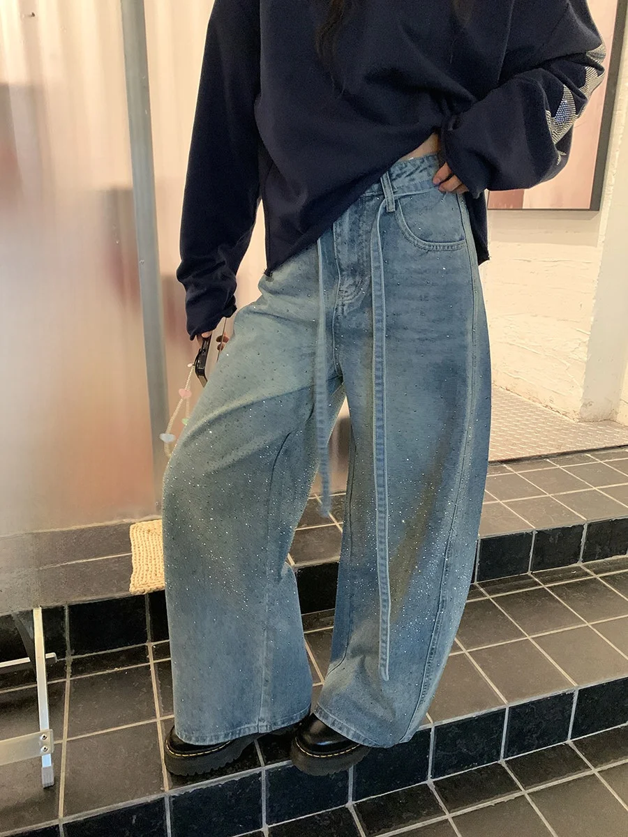 

Heavy Industry Star Denim Wide Leg Pants Retro Belted High Waist Slimming Casual Jeans with Rhinestones by Sinbounboun