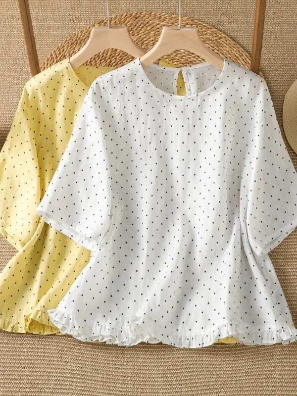 

Elegant Small Polka Dot Shirt Women's Summer Thin Large Size Earlet Casual Loose Fit Breathable Short Sleeve round Neck