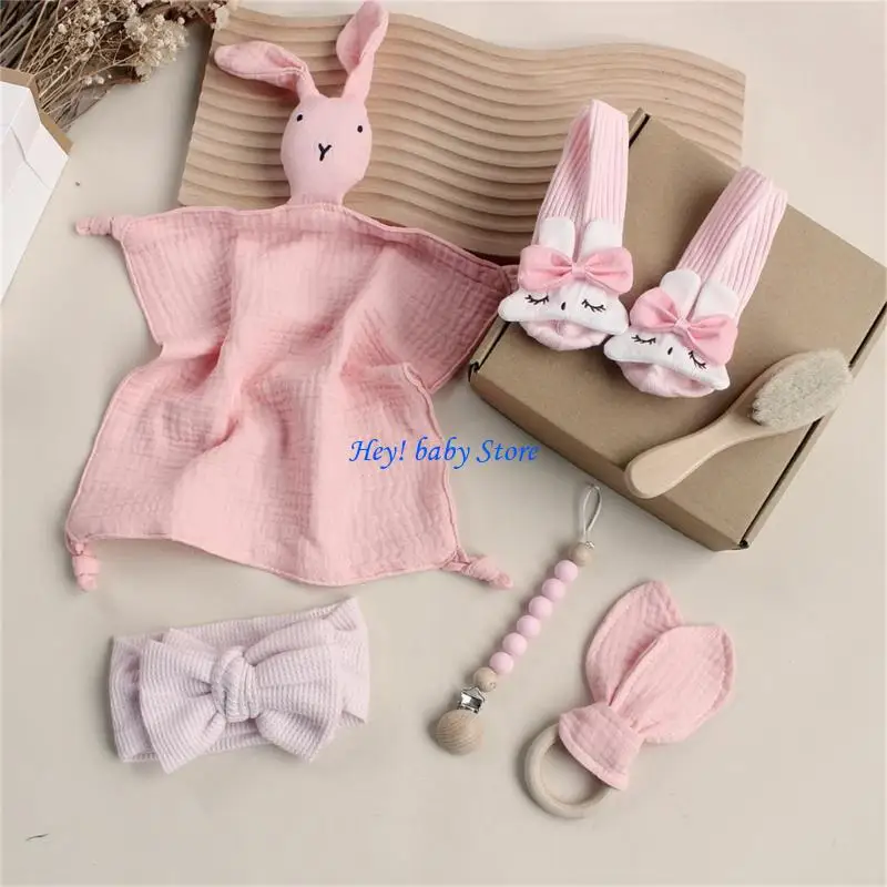 

Q1FE Baby Soothe Towel Socks Cotton Saliva Towel Wooden Teether Bowknot Headband Infant Set Shower Christmas Gift