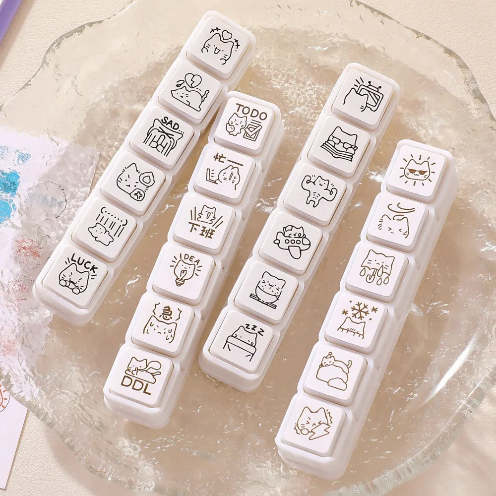 Cute Good Mood Series Cat Shape Stamp Mini DIY Cartoon Pattern Stamps 6 Lines Simple Diary Stamp Notebook Scrapbooking Decor