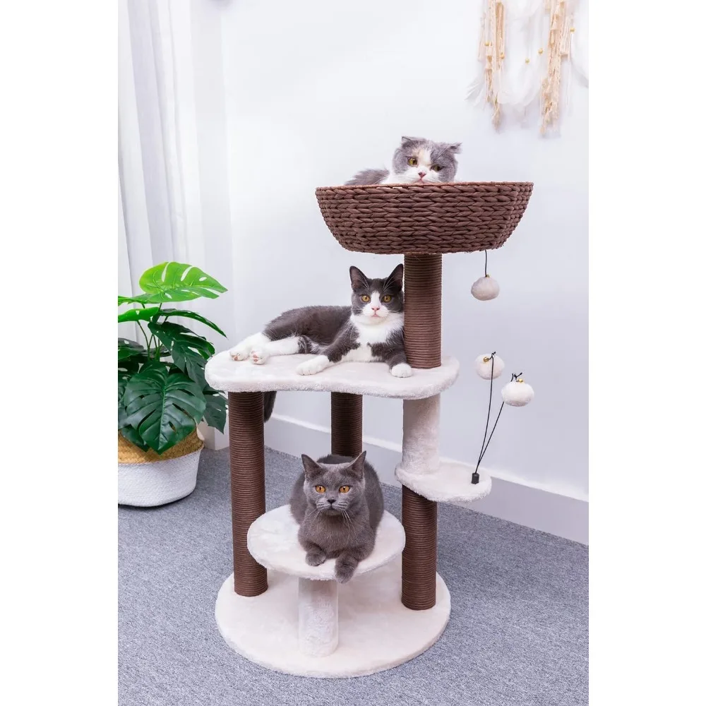 Torre de actividades para gatos con cesto de papel y características de escalada de varios niveles