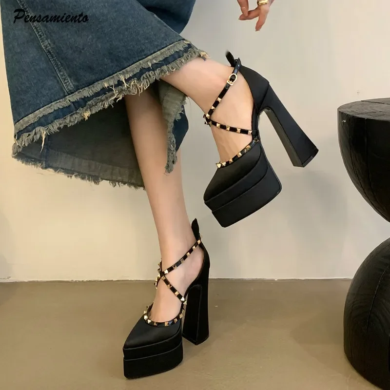 Fashion Rivet Satin Thick Heeled Mary Janes Women Pumps 15cm Ulta High heels Platform Wedges Spring Summer Casual Chunky Shoes