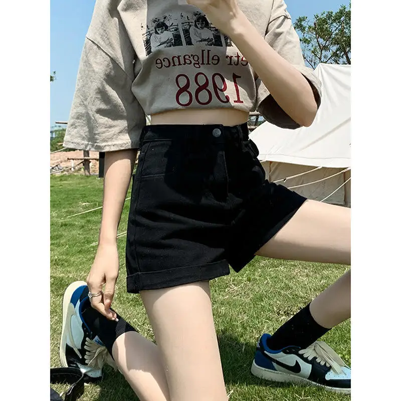 New High Waist Black Denim Shorts Women Summer Small Size Loose Slim A-Line Spicy Girl Cuffed Hot Pants Lazy Style Jeans