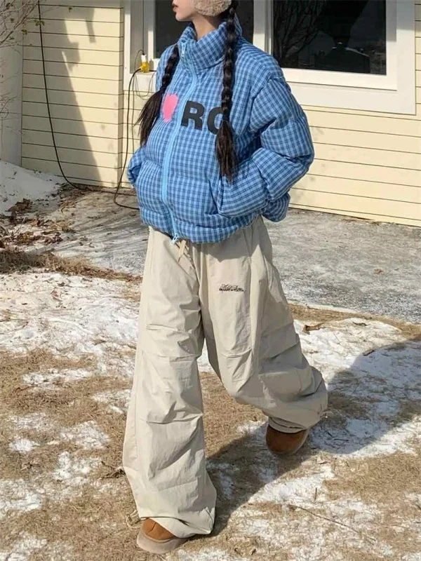 

Утепленная женская куртка-пуховик больших размеров в клетку с воротником-стойкой, с принтом, из хлопка, для зимы