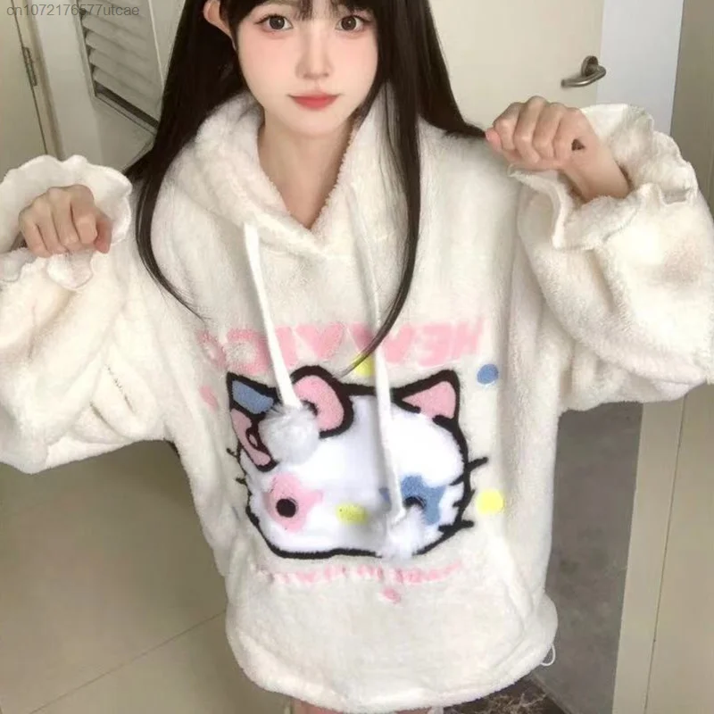 Sanrio Hello Kitty Punk Star Fashion Embroidery Hoodie for Women In Autumn And Winter, Plush Thick Cute Hoodie Clothes