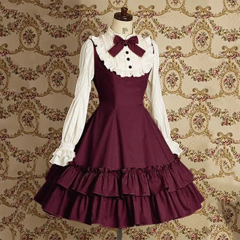 Süße Mädchen Vintage schlanke Baumwolle Kleid Lolita klassische Mary Magedene Frauen Fliege Rüschen Schicht Prinzessin Mini kleid für Damen